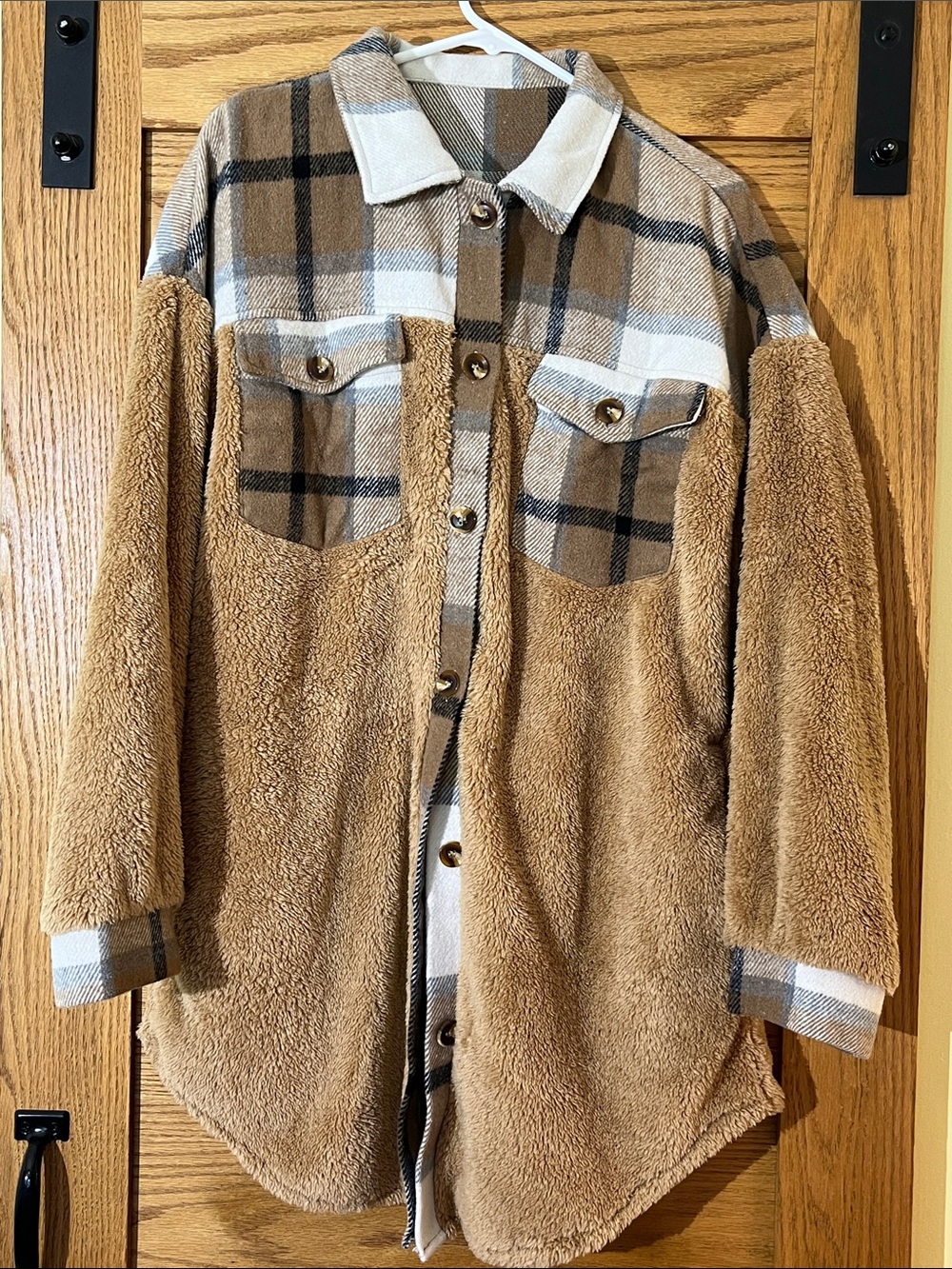 Women’s Tan Sherpa Shacket with Plaid Yoke